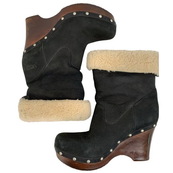 UGG Carnegie Black Suede & Shearling Lined Boots Size 9 1001317 Stud 6809 - Picture 4 of 14